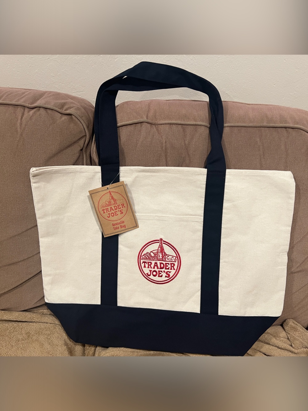 Trader Joe's Canvas Tote Bag in White and Navy